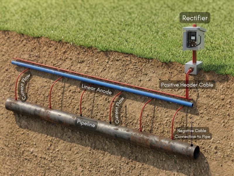 Flexible linear anode trenched parallel to a buried pipeline