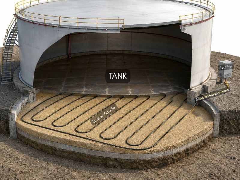 Flexible linear anode laid in a grid beneath a storage tank bottom