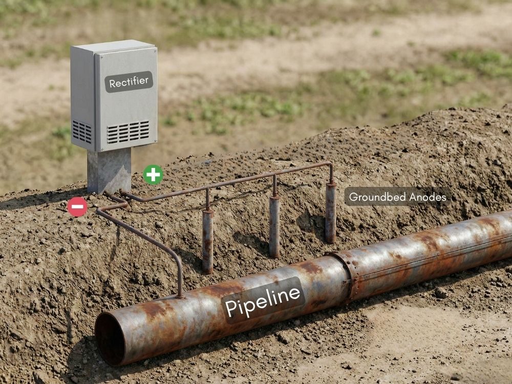 Cathodic protection system with rectifier and groundbed anodes protecting a pipeline